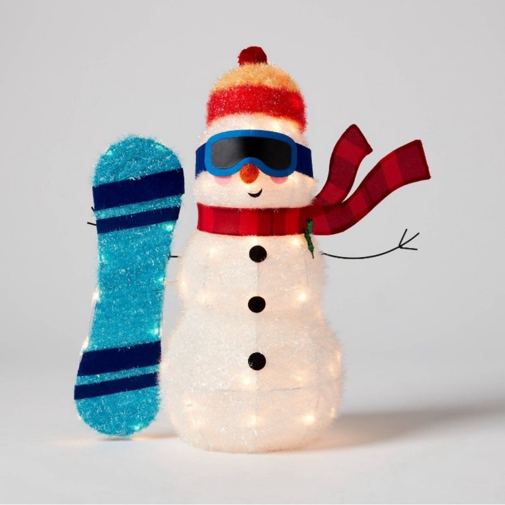 Christmas 28" Incandescent Tinsel Snowman with Snowboard Novelty Sculpture.
